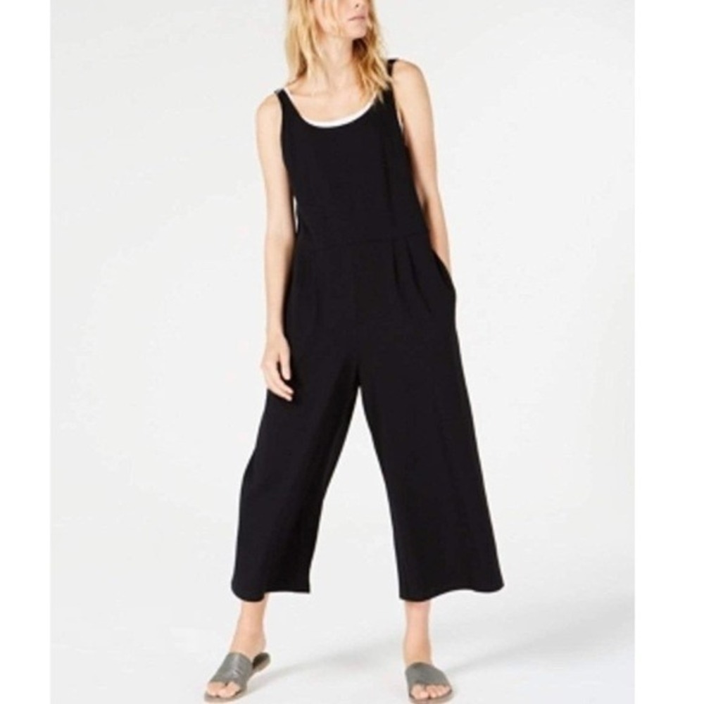 Eileen Fisher Jumpsuit Women XS Black Cotton Spandex Wide Leg Scoop Neck Pocket